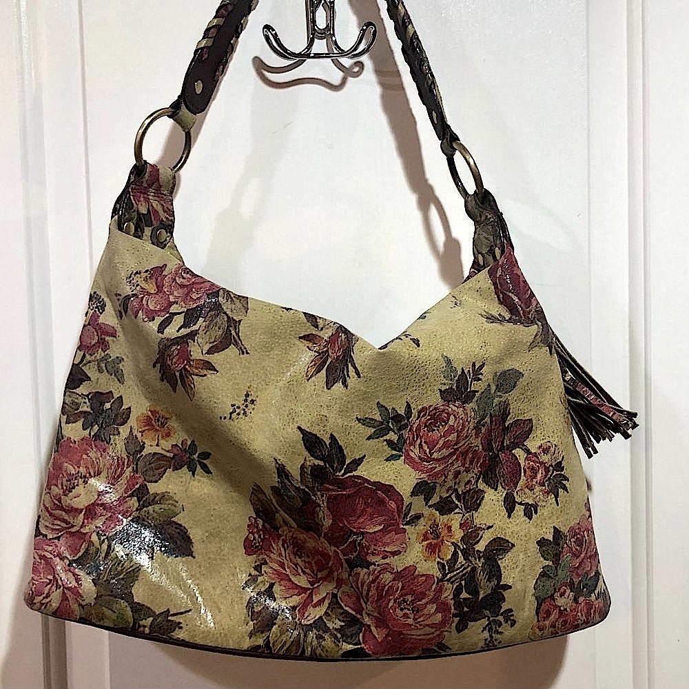 Leather Hobo Handbag - Antique Floral
